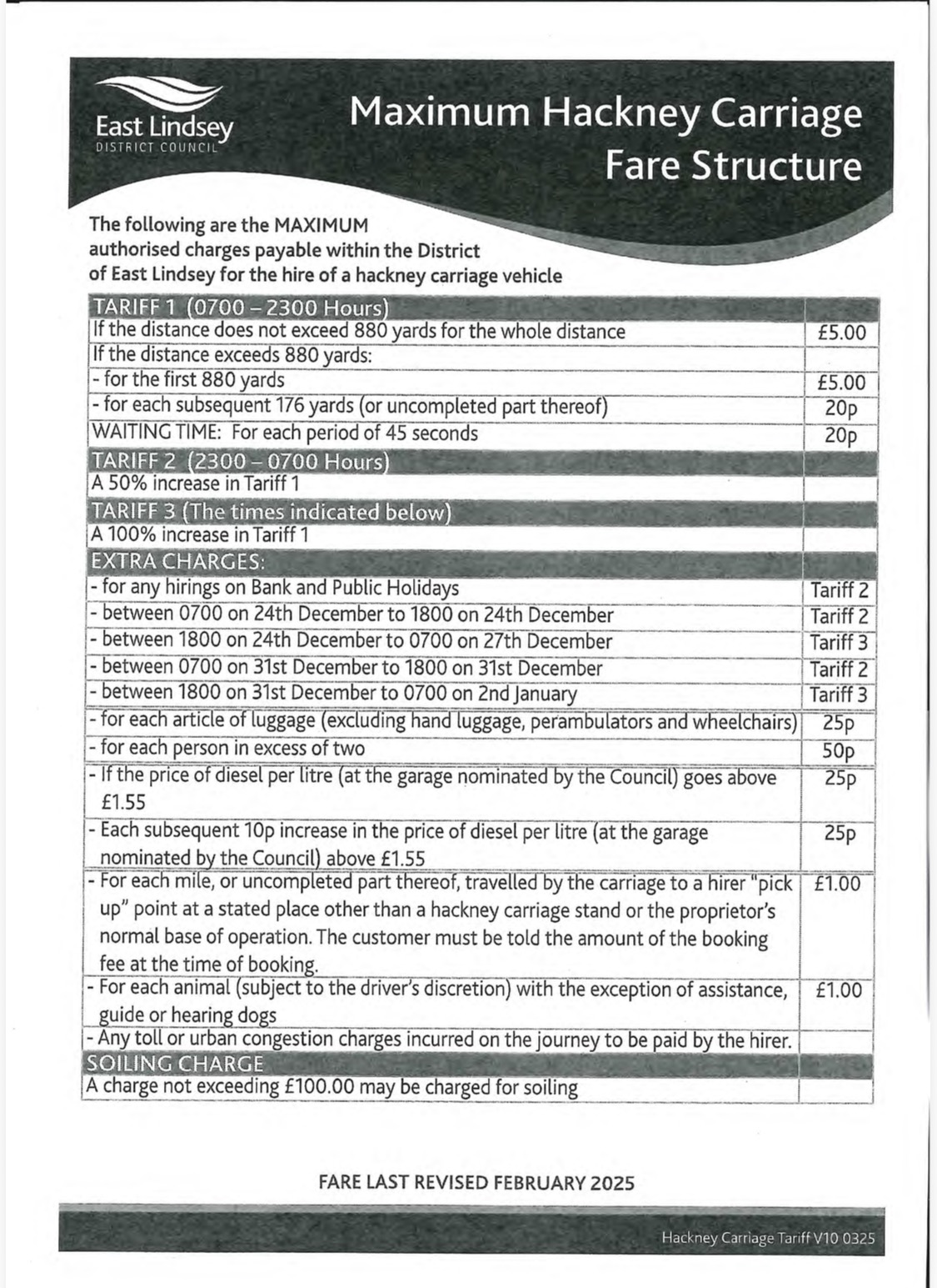 East Lindsey District Council maximum hackney carriage fare card, revised February 2025, showing tariffs, waiting time and extra charges.